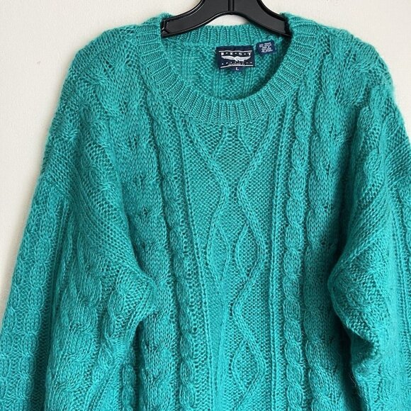 Vintage 80s 90s Chunky Cable Knit Fisherman Mohair Blend Sweater L Emerald Green - Picture 4 of 5